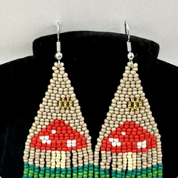 Mushroom Beaded Earrings Fringe Dangle Statement Earrings Boho Hippie‎ Style - Picture 5 of 6